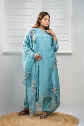 Asymetrical Embroidery | Kurta Dupatta with Malai Cotton Pants | Blue - You Ensembles