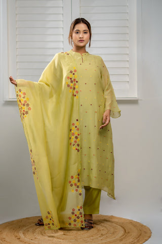 Green Chanderi Kurta with Asymmetrical Embroidery and Dupatta.