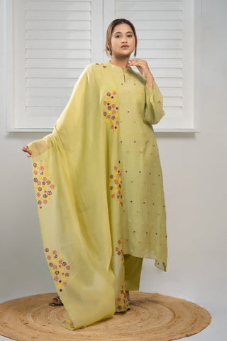 Asymetrical Embroidery | Kurta Dupatta with Malai Cotton Pants - You Ensembles