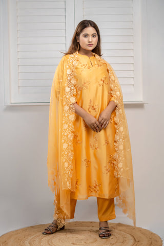 Chanderi Silk Kurta | Orange | Kurta with pant and dupatta - You Ensembles