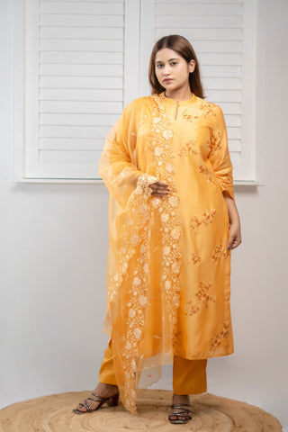 Chanderi Silk Kurta | Orange | Kurta with pant and dupatta - You Ensembles