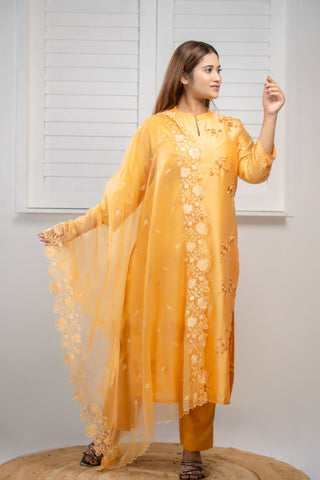 Orange Chanderi Silk Kurta with embroidery and organza dupatta.