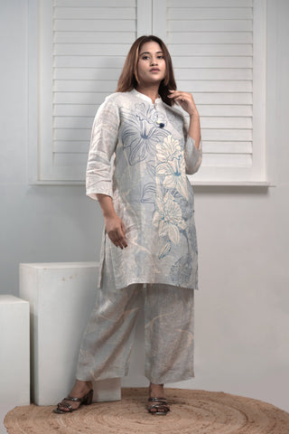 Powder blue linen printed kurta and pant co-ord set.