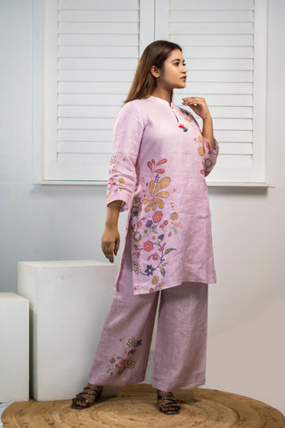 Onion pink linen printed co-ord set with short kurta and pants.