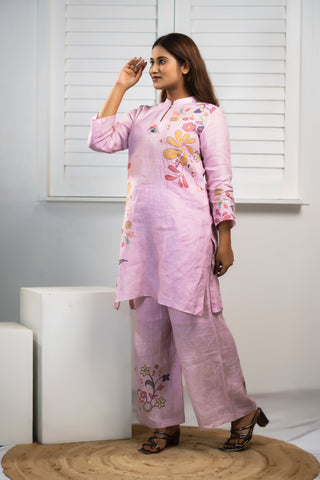 Onion pink linen printed kurta and pant set.