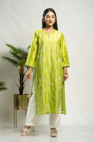 Green French Knot Kurta in Chanderi Silk with embroidery and sequins.