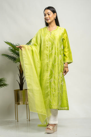 Green French Knot Kurta in Chanderi Silk with Embroidery and Sequins.