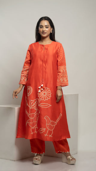 Bandhej Kurta Set Hot Orange kurta set for women