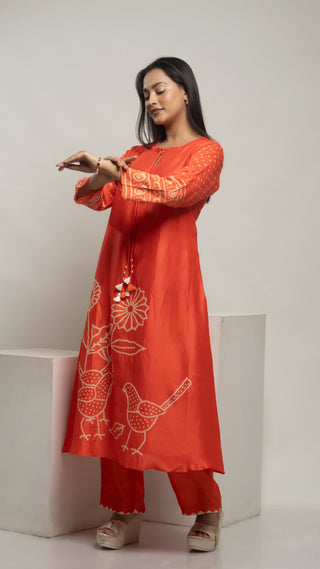 Bandhej Kurta Set Hot Orange kurta set for women