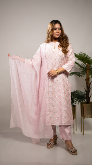 Pink Chanderi Mal Kurta Set with Soft Cotton Pants