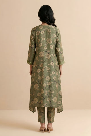 Floral Green Printed Co-ordset Silk Ambla Machine Embroidery