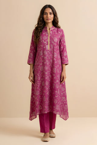 Mauve Floral Printed Cotton Kurta for Women