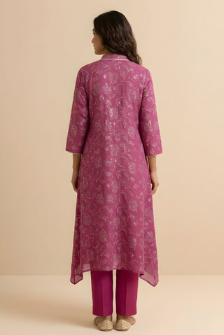 Mauve Floral Printed Cotton Kurta for Women