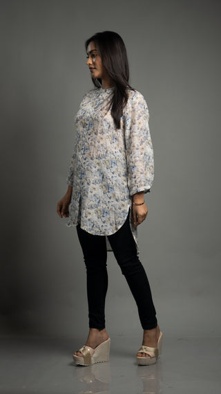 Digital Print Cotton Linen Shirt with floral design worn by a woman.