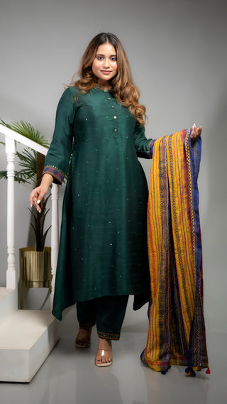 Bamber Silk Kurta Set with Kantha Work & Silk Dupatta – Bottle Green