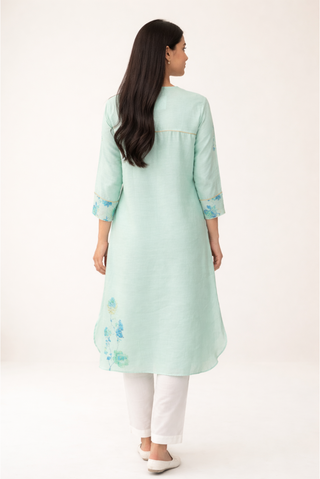 Blue Organza Applique Tunic with Sequins & Organza Sleeve Trimmings
