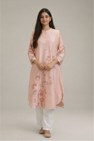 Pink Organza Applique Tunic with Sequins & Organza Sleeve Trimmings