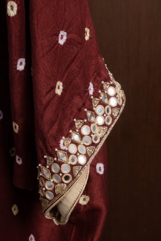 Bandhej and Ambla Work Kaftaan in Bamber Silk in Maroon