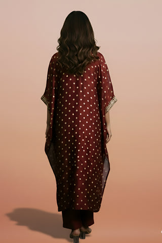 Bandhej and Ambla Work Kaftaan in Bamber Silk in Maroon