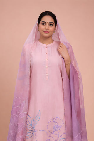 Pink Chanderi Applique Dupatta Set