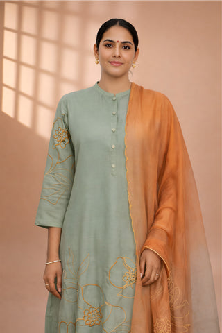 Green Chanderi Applique Dupatta Set