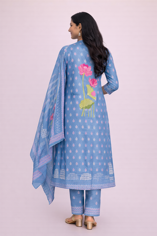 Printed Kurta & Dupatta Muslin Blue