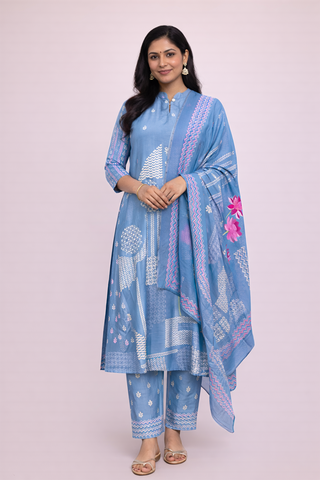 Printed Kurta & Dupatta Muslin Blue
