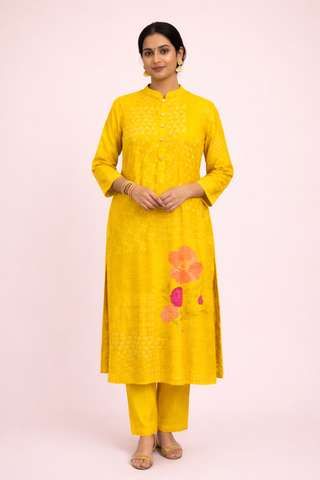 Printed Kurta & Dupatta in Muslin Yellow