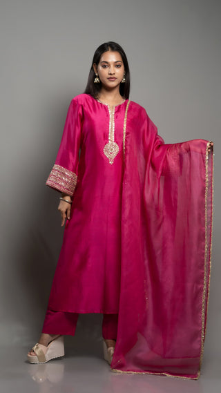 Magenta Gota Embroidery Kurta set in chanderi silk with malai cotton dupatta and crochet lace.