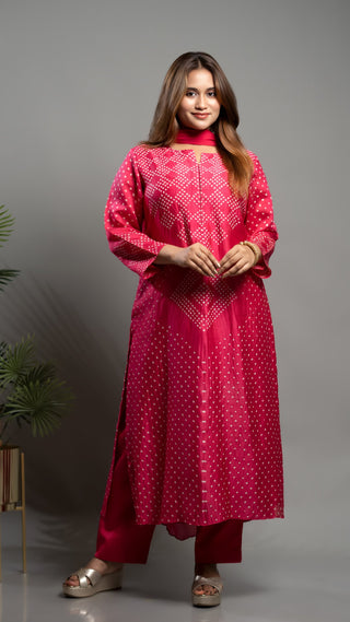 Pink Rai Bandhej Kurta Set with chinon dupatta and malai cotton pants.