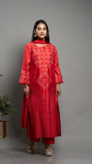 Red Rai Bandhej Kurta Set with chinon dupatta and malai cotton pants.