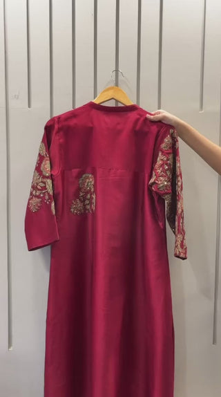 Chanderi Silk Round-Cut Kurta with Kalamkari Applique and Sequin Embellishments