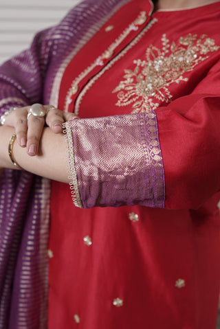 Karvachauth Special gold embroidery neckline and purple zari sleeve detail - SKU P393